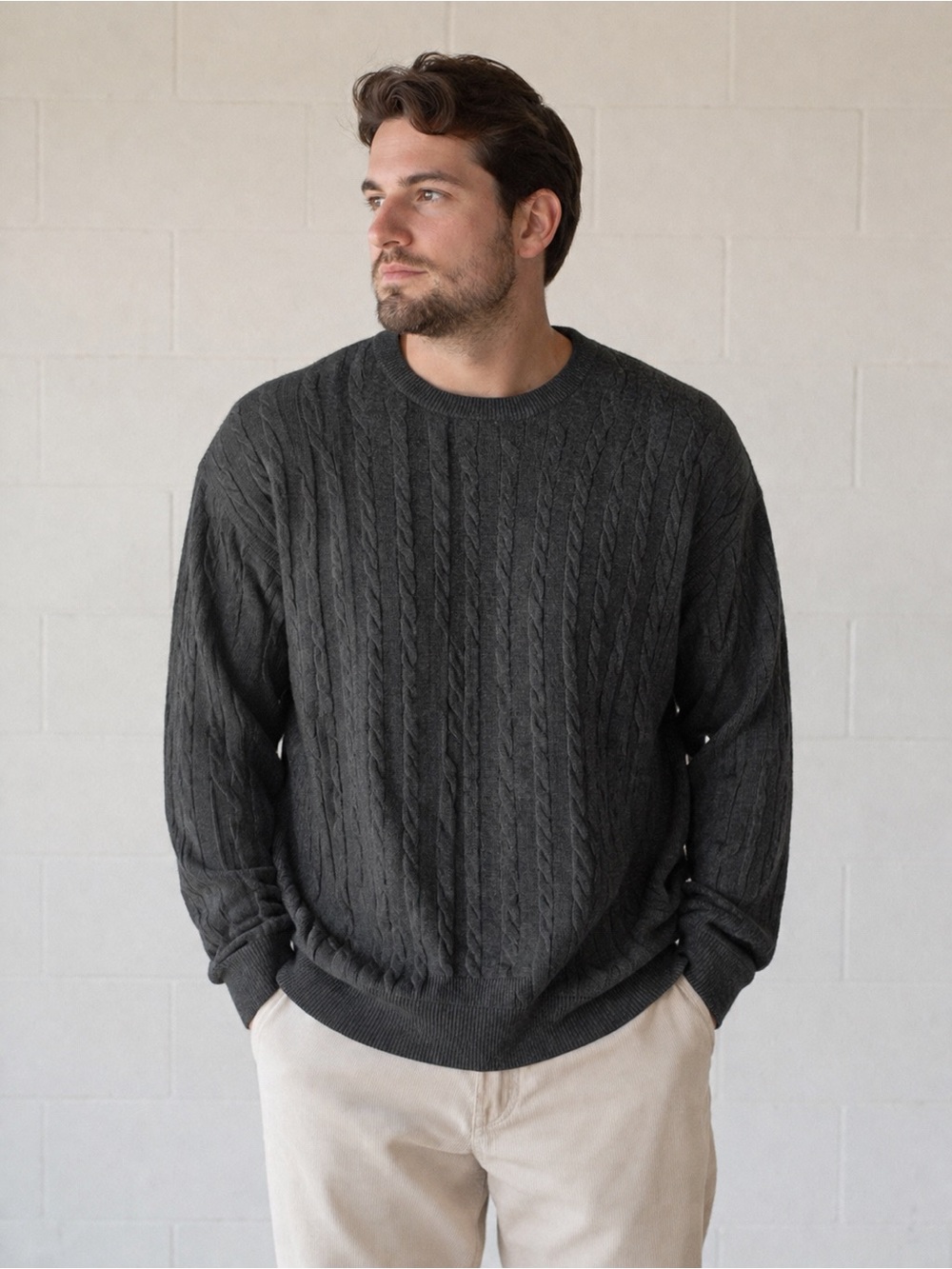 Amazon Essentials Charcoal Cable Knit Crewneck Sweater - Men